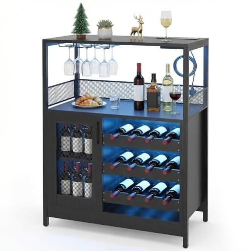 Warmiehomy Wine Bar Cabinet with Power Socket & LED Lights, Black | Kitchen Storage Cupboard Sideboard, Wooden Drinks Cabinet for Living Room, Home Mini Bar, Dining Room, Bedroom, Office