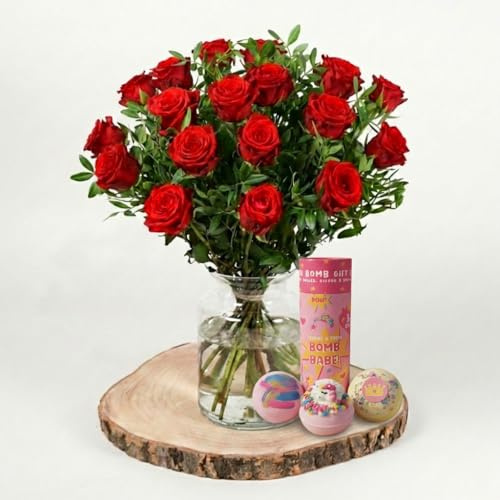 Fleur De Luxe 18 Red Roses Fresh Flower Bouquet With Luxury Chocolates, Valentines Day Romantic Gift For Her, Hand Tied Bouquet, Premium Long Stem Roses, Gift Box Included