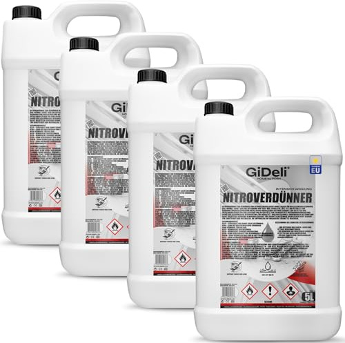 GiDeli Nitroverdünnung 4 x 5 L - Pinselreiniger für Lackierbetriebe | Universalverdünnung je Arbeitsplatz, wäscht Spritzgeräte aus, entfettet Metall vor dem Lackieren