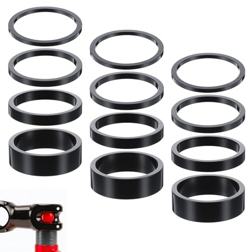 HJZHII 12Pcs Bicycle Headset Spacer, 4 Sizes Bike Stem Headset Spacers | Aluminium Alloy Fork Washer Bike Handlebar Stem Spacers Threadless for Mountain Bikes, Road Bikes (2mm, 3mm, 5mm, 10mm)
