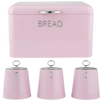 Salter Retro Pink Bread Bin & Canister Set – 4-Piece Countertop Set, Dried Goods, Tea, Coffee & Sugar Canisters, Dry Food Storage Containers, Pastries, Rolls, Bagels, Durable Steel, Embossed Lettering