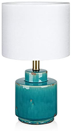 COUS Türkis Tischlampe mit Patina Keramikfuß von Markslöjd - Shabby Ceramic Tischleuchte mit weißem Textilschirm für Wohnzimmer und Fenster- E27 höhe 42cm