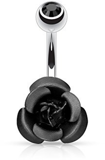 Gekko Body Jewellery Piercing Nombril avec Rose Noire et CZ Gem Top Acier Chirurgical, 1.6mm (14 gauge), Acier chirurgical, Acier chirurgical.