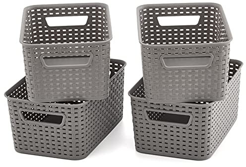 EZOWare 4 Stück Aufbewahrungskiste 6L Badkorb in Rattan-Optik mit Griffen aus Kunststoff fur Küche, Wohnzimmer, Büro, Badezimmer - 28x18,5x13 cm, Grau