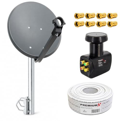 PremiumX Balkon Satelliten-Komplettanlage 4 Teilnehmer 60cm SAT Antenne Quad LNB 10m Kabel 8X F-Stecker Balkonhalter