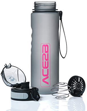 ace2b Trinkflasche 600ml Sport & Fitness mit Shaker Ball für Eiweiß Protein Shakes + Sieb I Sportflasche für Fitnessstudio Fahrrad Outdoor I Tritan BPA frei, auslaufsicher