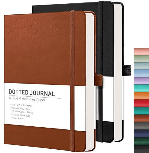 RETTACY A5 gepunktetes Notizbuch, 2 Stück, Bullet Dot Grid Journal mit 320 nummerierten Seiten, Hardcover, 120 g/m² dickes Papier, 8 perforierte Blätter, Stifthalter, Innentasche 14,5 x 21 cm,