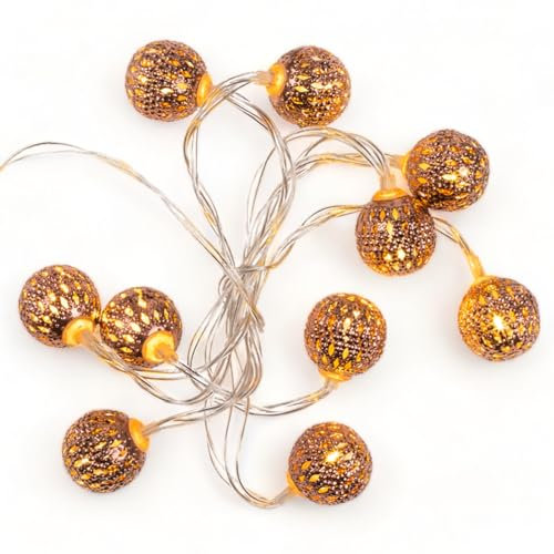 LED-Lichterkette mit 10 warmweißen LEDs 1 Meter lang, batteriebetrieben (marokkanische Kugeln, kupfer)