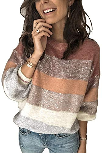 ANCAPELION Women’s V Neck Sweater Pullover Leopard Long Sleeve Basic Color Block Jumper Casual Knitted Tops