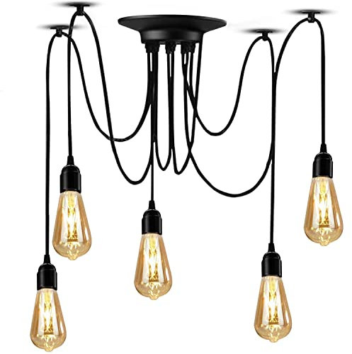YNXing Vintage Edison Pendelleuchte Einstellbar Hängelampe Industrieleuchten schwarz Kronleuchter, 1/3/5/6 Kopf (5 Lampenhalterung)