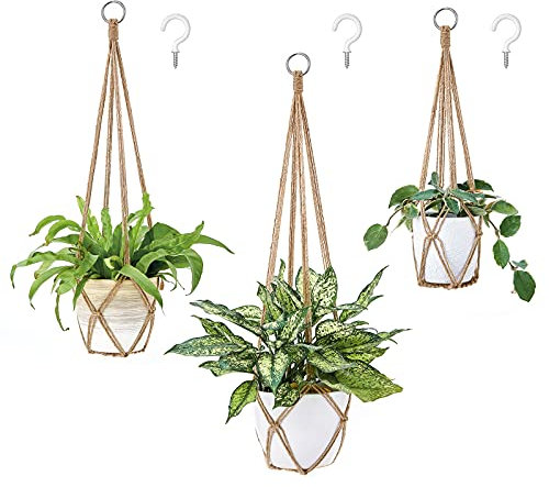 Dahey Macrame Plant Hanger Set of 3 with Hooks Indoor Hanging Planter Basket 35/29/23 Handmade Woven Cotton Rope Flower Pot Crochet Plant Holder Stand for Boho Home Decor No Tassels,Brown