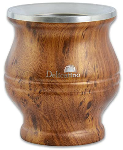 Delicatino - Mate Becher Edelstahl Braun 180ml,Holzoptik, Mate Tee Set, Doppelwandiger Thermo Becher, Yerba Mate Tee, Geringes Gewicht, Heiß oder Kalt, Bombilla nicht inklusiv