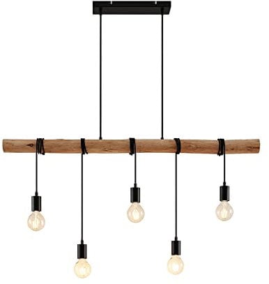 Lindby Esstisch Holz Pendelleuchte, Seillampe Hängelampe Metall Holzbalken Seil Esszimmer Lampe hängend Holzlampe 5x E27 max. 60W ohne Leuchtmittel