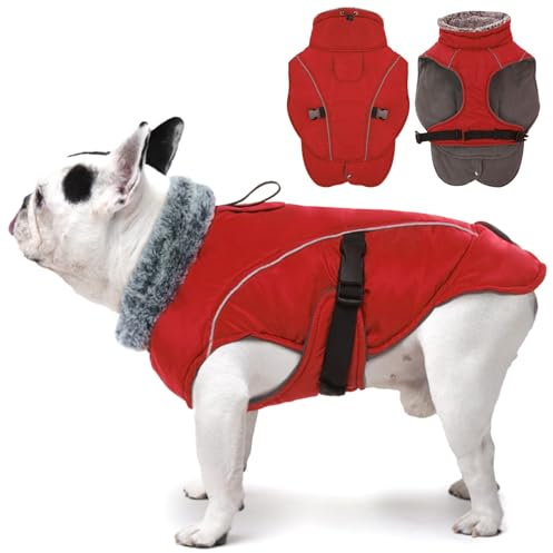 DENTRUN Hundemantel Wasserdicht und Warm, Hundemantel Fleece, Hunde Fleecejacke, Wasserdicht Wintermantel Hund mit Fleece Gefütterte, Hundemantel für Französische Bulldogge(Rot,L)