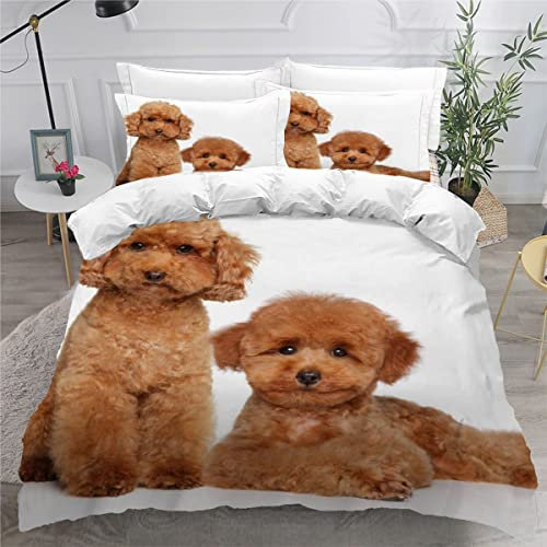 VASENA Bettwäsche Pudel Bettwäsche 135x200 Kinder Brauner Hund Tier Bettbezug Set Weich Microfaser Kinderbettwäsche 3 Teilig Mit ReißVerschluss Mit 2 Kissenbezug 80x80 cm