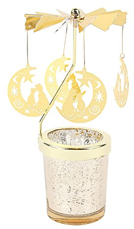 Mondkatze Teelicht Karussell Windlicht Glas Teelichthalter Gold Teelichtglas Rotierender Kerzenhalter Eisen Metall Kerzenständer für Valentinstag Deko Geschenk Hochzeit Dekoration Wohnzimmer Tischdeko