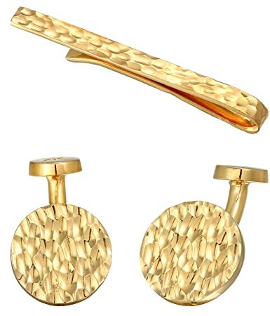 Kuzzoi Manschettenknöpfe Coin Design & Krawattennadel für Herren im gehämmerten Look, Herren Accessoire Set aus 925 Sterling Silber, Stilvolles Männer Geschenk für Hochzeit und Geburtstag (Gold)