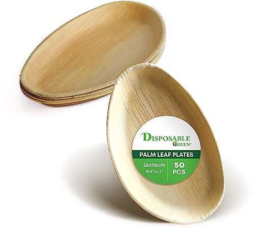 DISPOSABLE GREEN - Egg Shape Disposable Serving Dishes, Areca Serving Tray, Serving Platter for Parties, Weddings, Catering, & More, Serving Plate for Hot & Cold Food, 26L x 16W x 2.5D cm, 50-pcs