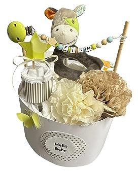 Windeltorte mit Name - Kuschtiere mini - Geschenk, Babyparty, Geburt, Taufe, Babygeschenk Sinchns Bastelzauber (Natur Lemon)