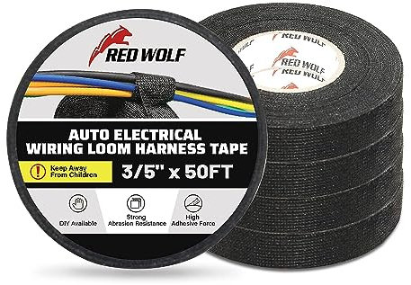 RED WOLF Wiring Harness Cloth Tape 5 Rolls 15mm x 15m High Temp Self-Adhesive Fabric Tape for Automobile Electrical Harness Wrap Noise Damping Protection Insulation Cable Fixed Black