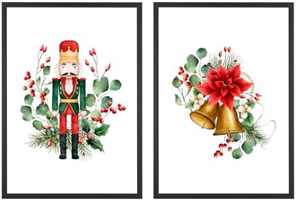 Din A4 Kunstdruck ohne Rahmen 2er Set - Weihnachten - Nussknacker Glocke Weihnachtsstern- Christmas Advent Weihnachstdeko - Aquarell - Bild Poster Druck