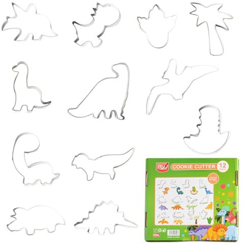 12 Pcs Cookie Cutters Baking Set, Stainless Steel Dinosaur Shapes Sandwich Cutters, Kids Dinosaur Biscuit Cutters for DIY Fondant Dough Sugarcraft Pastry Cake Decoration(Silver)