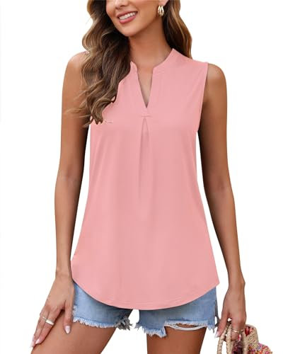 WNEEDU Canotta Donna Estive Scollo a V Camicette Estivo Magliette Casual Tank Top Senza Maniche(Rosa,L)