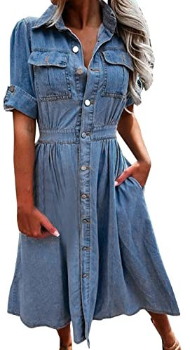Damen Sommerkleid Lässig Kurze Ärmel Knopf Unten Gestaffelt Denim Babydoll Jean Kleid A-Line Swing Kleider Vintage Jeanskleid mit Taschen Knielang Midi Kleid Damen Sommer Kleider Freizeitkleider