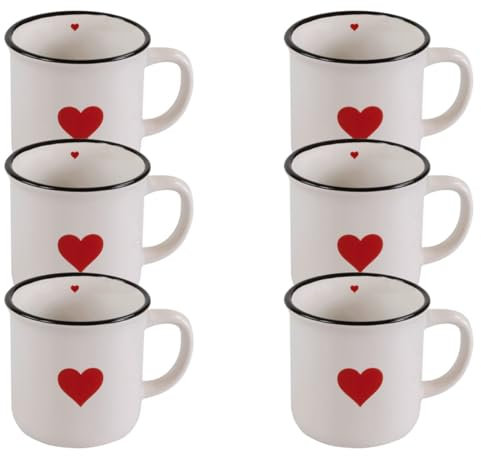 Tassen 6er Set Emaille-Optik in weiß mit Herz - Steingut Kaffeetassen in 350ml für Tee, Kaffee, Cappuccino - Süße Kaffeebecher spülmaschinenfest und mikrowellengeeignet als schönes Geschenk