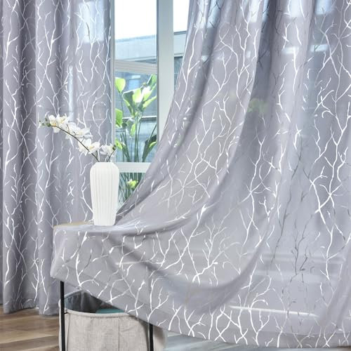 Kotile Silberne Vorhänge, 241 cm lang, für Wohnzimmer, Metallic-Silber-Vorhang mit Folie, Baumzweig-Muster, Ösen, Privatsphäre, halbdurchsichtig, schimmernde Vorhänge, 132 x 241 cm, 2 Paneele