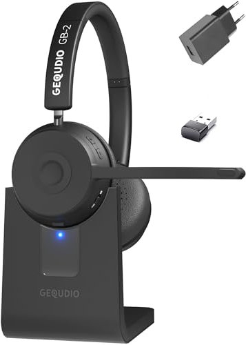 GEQUDIO GB-2 Headset mit Mikrofon Bluetooth | Kopfhörer Kabellos | Passives Noise Cancelling | 2 Geräte gleichzeitig verbinden (Handy, PC, Laptop) | Wireless (mit Ladestation, USB, Netzteil)