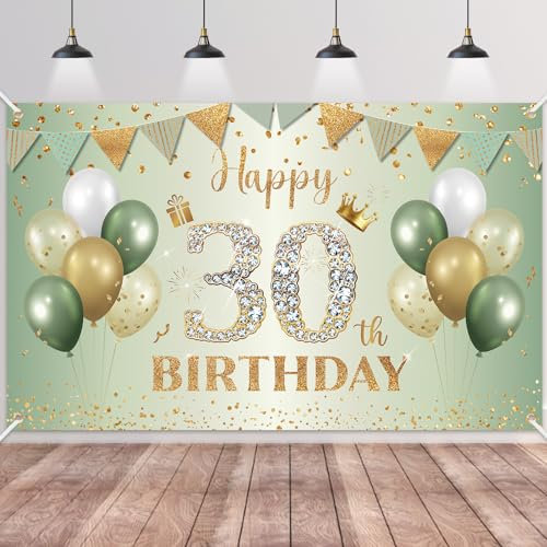 30.Geburtstag Banner Grün Gold,BTZO 30.Geburtstagsbanner,Deko 30 Geburtstag Dekoration Banner Hintergrund für 30 Frauen und Männer Geburtstagsfeier Deko