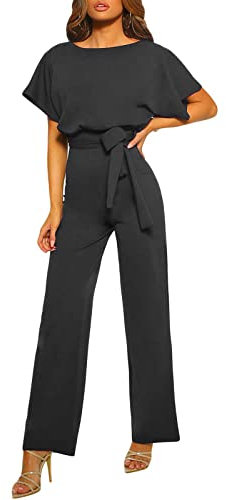 YILEEGOO Women's Casual Jumpsuits Solid Color Batwing Sleeve Playsuit Crewneck Loose Rompers Belted Wide Legs Overall S-3XL (Black, XL)