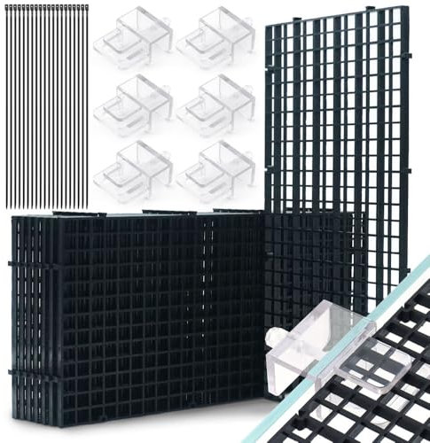 LINLAN Aquarium-Anti-Sprung-Set, Aquarienabdeckung, 8 Stück 15x30 cm Kunststoffgitter mit 6 Halterungen und 20 Kabelbindern, Abdeckung für rahmenlose Aquarien(Schwarz)
