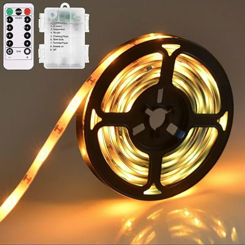 SUAVER LED Streifen Lichter Dimmbar Nachtlichter Lichterkette mit Fernbedienung,Batteriebetrieben Selbstklebende LED Strip Schneidbar für Schränke Regale Küche Dekoration (Warmweiß, 2m 120LED)