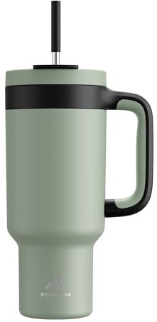 POWCAN Trinkbecher mit Griff, 2-in-1-Strohhalm und Trinkdeckel, auslaufsicher, spülmaschinenfest, isolierter Reise-Kaffeebecher aus Edelstahl, hält 34 Stunden kalt, passt in Auto-Becherhalter (Agave)