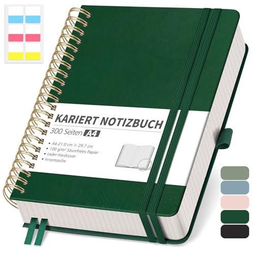 RETTACY Notizbuch A4 kariert, Bullet Journal mit 100 g/m² Dickem Papier, 150 Blatt, Collegeblock für Büro und Schule, Lederhülle, Dunkelgrün, 21 cm x 29.7 cm