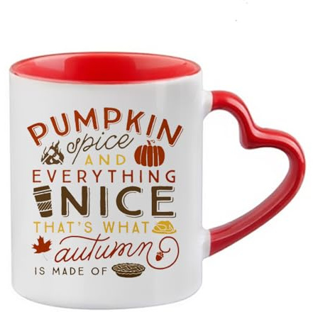 Giftme Autumn's Embrace, Pumpkin Spice and Everything Nice, 11oz Heart Handle Cup, Coffee, Tea Mug. (Red)