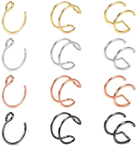 Tucnoeu 12 Stück 3 Stile Fake Piercing Fake Nose Ring Fake Nasenpiercing Edelstahl Nasenring Silber Nasenpiercing Fakes Ring(18G/20G)