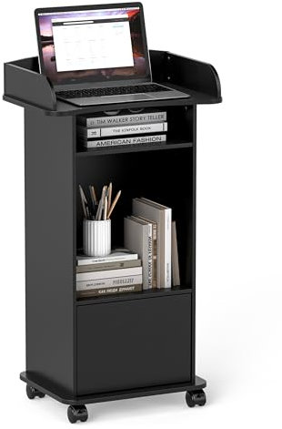 Nisorpa Stehpult Podiumständer mit Schublade Mobiles Rednerpult mit Rollen Holz-Podium Schwarz Lectern mit Aufbewahrungsregal