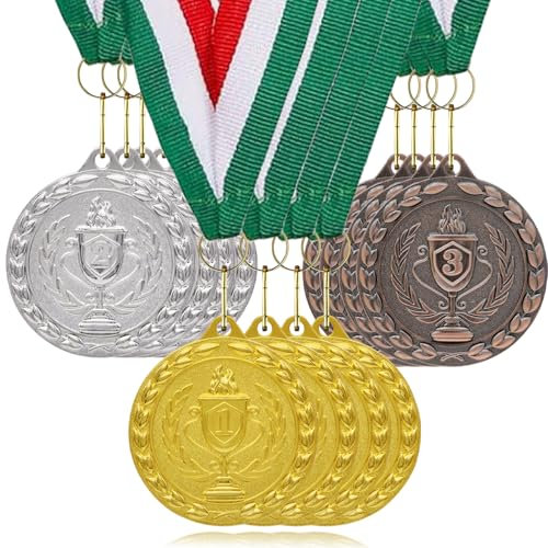 YUJUE Medaglie Numeriche per Bambini, Set di 12 Medaglie in Oro, Argento e Bronzo con Nastro Bandiera Italiana, Ideali per Premi Sportivi, Gare di Ginnastica, Regali per Feste di Bambini e Adulti
