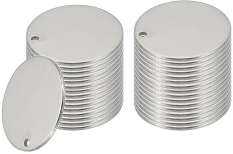 PATIKIL 32 Piezas De Planchas De Estampado Metálico, 20mm Redondas Etiquetas De Nombre En Acero Inoxidable Discos Planos Con Agujero Estampado Etiquetas Para Mascotas, Tono Plateado
