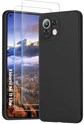 PuyaTeya 3 in 1 Hülle für Xiaomi Mi 11 Lite, mit 2 Stück 9H Panzerglas Premium Liquid Silikon Hülle, mit 4-Layer stoßfeste abriebfestes, Soft Mikrofaserfutter Kratzfes Schutzhülle (Tiefschwarz)