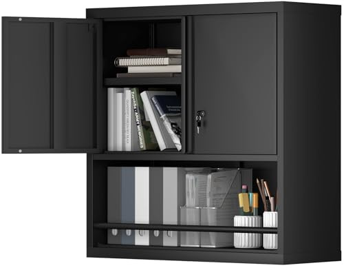 STEELIST Hängeschrank Schwarz, Stahl Wandschrank abschließbar–Hängeschrank mit verstellbarem Einlegeboden, 2 Schlüsseln & Wandmontage-Set, Schwimmender Schrank für Homeoffice, Hauswirtschaftsraum