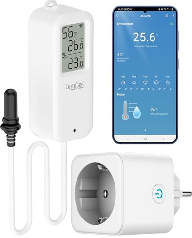 Luminea Home Control Wlansteckdosen: WLAN-Temperatur-/Luftfeuchtigkeitsmesser mit WLAN-Steckdose, App (Thermometer Hygrometer mit Fühler, Hygrometer Thermometer Terrarium, Adapter)