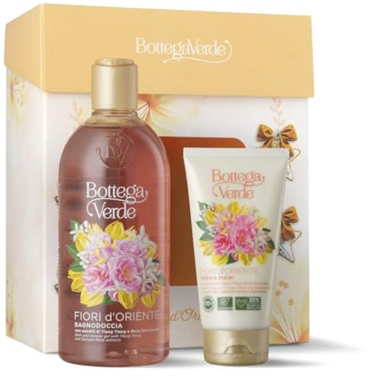 Bottega Verde - Cofanetto Regalo Fiori d'Oriente, con Bagnodoccia 400 ml e Crema Mani 75 ml, Profumo di Ylang Ylang e Rosa Damascena, Idea Regalo
