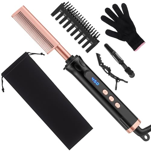 Hot Comb Heißer Kamm mit Quarz-Keramik-Beschichtung, Elektrischer Haarglätter für Afro-Haar & Naturlocken, 14 Temperaturstufen 100-230°C mit LCD-Display, Dual Voltage für Zuhause & Reisen