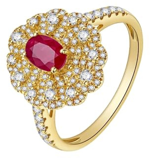 Damenring Zart Dünn, Damenring Daumen Gold Blume mit Ovalem Rubin und Diamant 18K Gelbgold Größe 65 (20.7)