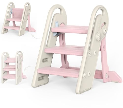 Growaystory 3 Gradini Sgabello Bambini, Antiscivolo Scaletta bambini bagno, Pieghevoli, Regolabile in Altezza, Multifunzione, Compatta e Antiscivolo per Bagno, Cucina, WC e Lavandino (Rosa)