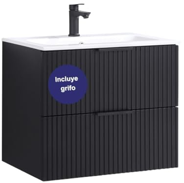 Kometmöbel Waschbecken mit Unterschrank 60cm Waschtisch Schwarz gerillt 2 Soft-Closing Schubladen Badmöbel Set wandhängend (Schwarz gerillt 60cm, Mit Wasserhahn Schwarz)